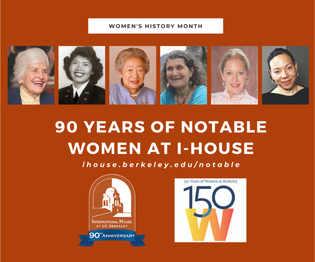 ID: flyer for Women's History Month with 6 pictures of notable women at i-house with link and 150W logo
