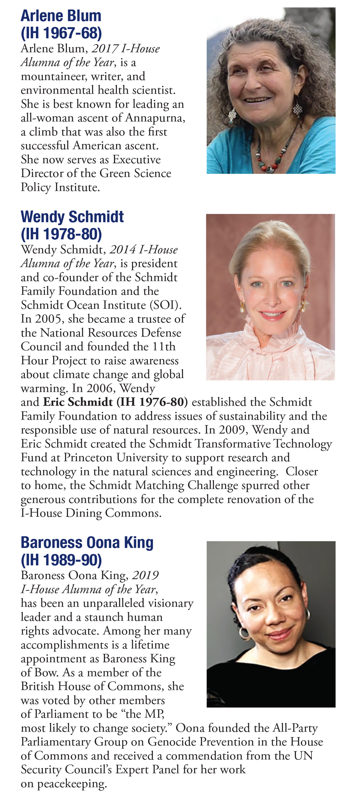 ID: screenshot of iHouse Times with short bios, which can be found at https://ihouse.berkeley.edu/alumni-engagement/notable-alumni
