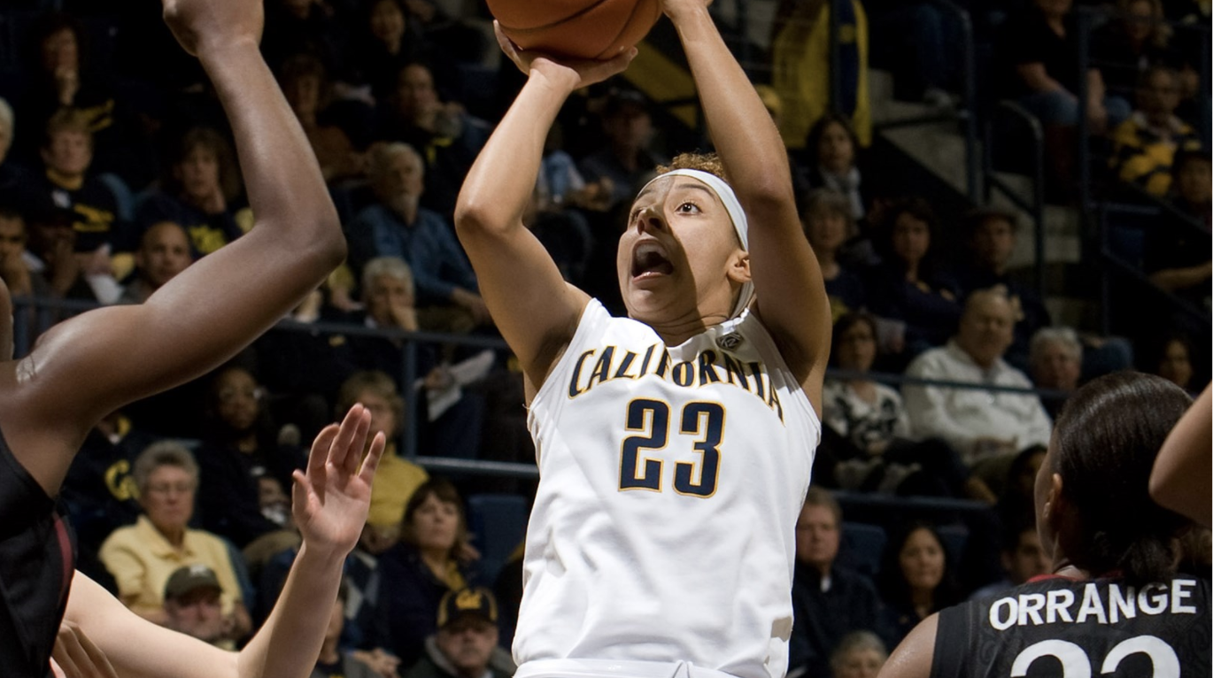 Woman in California jersey playing basketball