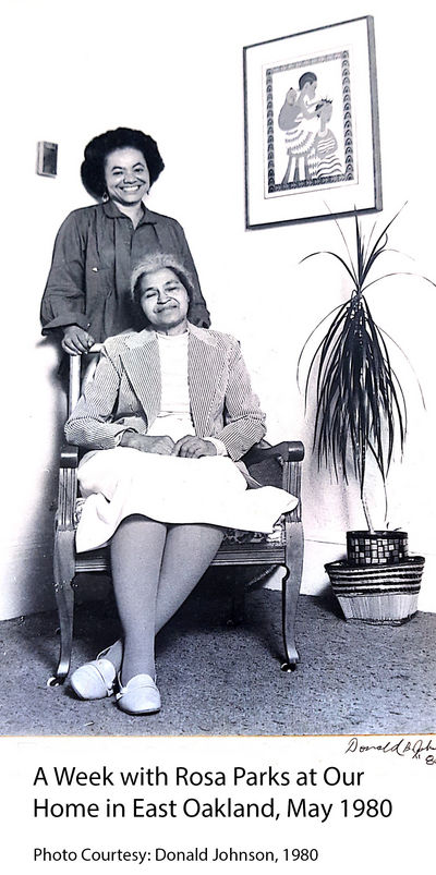  photo of Daphne Muse standing behind Rosa Parks seated in a chair; to their left is a house plant and framed illustration. Photo caption reads "A week with Rosa Parks at our home in East Oakland, May 1980"