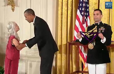 writer and alumna Maxine Hong Kingston receives recognition for contributions to literary nonfiction by President Barack Obama